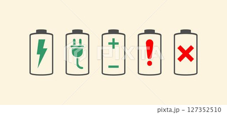 Battery symbols with fast charging, exclamation, low, plus, minus, tick and full charge signs. Battery Full charge indicator, low charge sign. 127352510