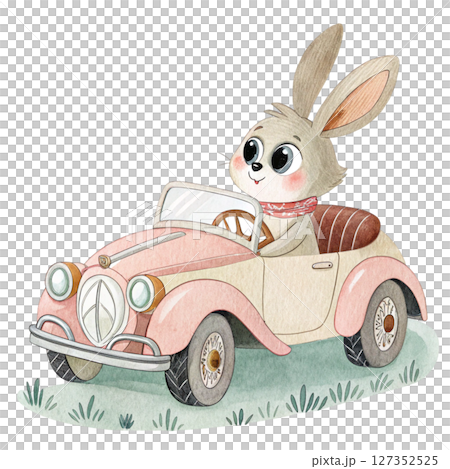 The cutest animals in the world  riding in an old car clipart watercolor  127352525