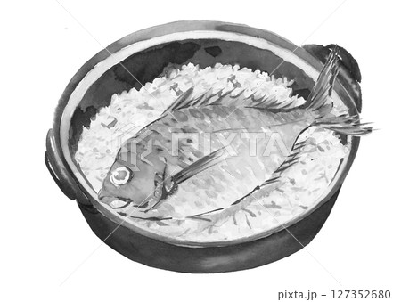 水彩で描い土鍋で炊いた鯛めしのモノトーンイラスト素材【手描き】白バック 切り抜き用 127352680