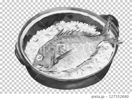 用水彩繪製的陶罐煮鯛魚飯的單色插圖(手繪),白色背景上用於切割 用水彩繪製的陶罐煮鯛魚飯的單色插圖(手繪),白色背景上用於切割 127352680