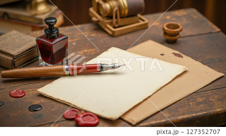 Vintage still life with fountain pen, ink bottle, and old paper on rustic wooden desk for writing letter or manuscript Vintage still life with fountain pen, ink bottle, and old paper on rustic wooden desk for writing letter or manuscript 127352707