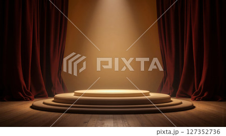Stage with tiered podium, glowing spotlight, surrounded by deep red curtains, wooden floor, elegant setting for event, warm atmospheric lighting 127352736