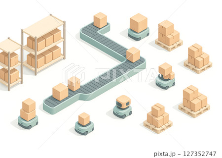 Isometric smart warehouse conveyor line zigzag layout with autonomous robots moving packages toward racks pallets modern logistics concept 127352747