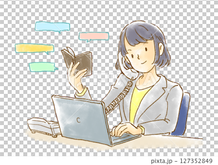 Watercolor illustration of a woman operating a computer while on the phone 127352849