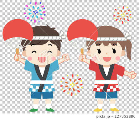 夏祭りで法被をきた笑顔の子供たちのイラスト 127352890