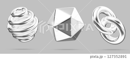 Liquid chrome y2k shape 3d set. Silver metal polygon, spiral sphere, chain of connected links render icon. Abstract geometric elements of steel or platinum in retro futuristic style. 3D illustration 127352891