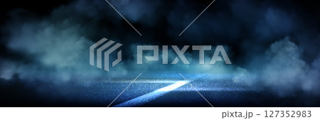 Blue lit asphalt road with white marking in smoke Blue lit asphalt road with white marking in smoke 127352983