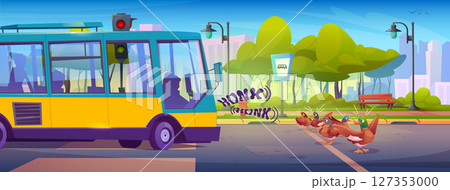 Ducks cross city road while bus blares loud honk. Ducks cross city road while bus blares loud honk. 127353000