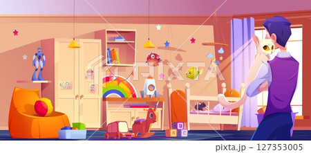 Man holding white cat in colorful kid nursery 127353005
