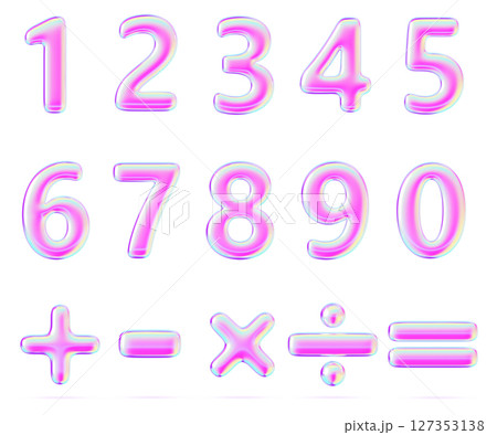 Y2K holographic numbers font from 0 to 9, plus, minus, multiply, divide, equal - math operation symbols. Rainbow inflatable balloons with bright neon metal gradient of liquid chrome. 3D illustration 127353138