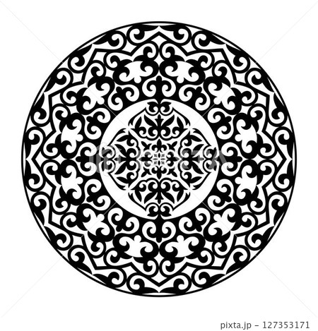 Black and white lace round frame plate. Traditional round Turkic ornament. Oriental black round pattern with arabesques. For ceramic, embroidery, sandblasting, laser. Islam, Indian, Ottoman motif Black and white lace round frame plate. Traditional round Turkic ornament. Oriental black round pattern with arabesques. For ceramic, embroidery, sandblasting, laser. Islam, Indian, Ottoman motif 127353171