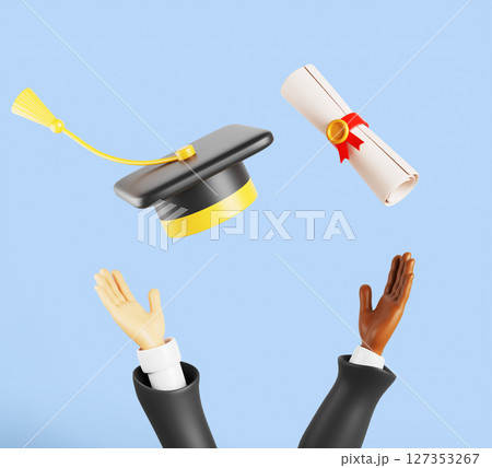 3d happy graduate students throw up graduation cap and certificate scroll in air. Multiethnic hands in gowns, flying academic hat and rolled diploma on blue sky background render. 3D illustration 127353267