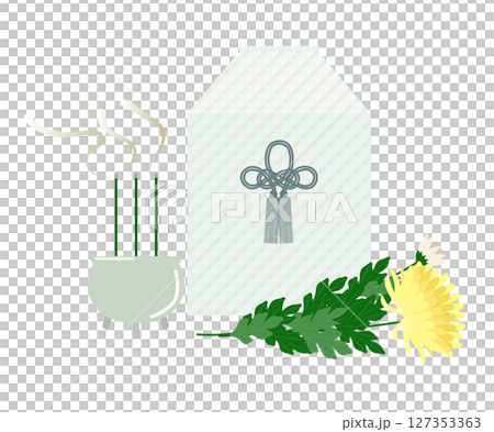 お線香と骨箱と菊花の故人を弔うイメージイラストです。 127353363