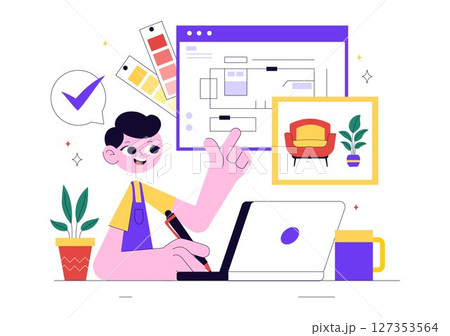 Interior Designer Vector Illustration Featuring a Professional Decorator Planning the Design of a Room, Choosing Wall Colors and Furniture Style Interior Designer Vector Illustration Featuring a Professional Decorator Planning the Design of a Room, Choosing Wall Colors and Furniture Style 127353564