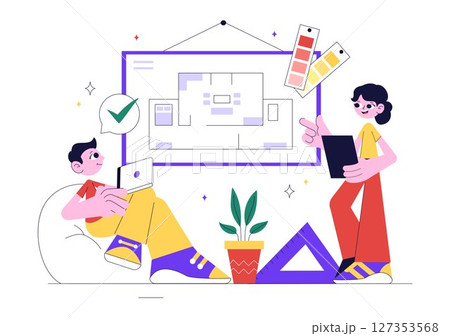 Interior Designer Vector Illustration Featuring a Professional Decorator Planning the Design of a Room, Choosing Wall Colors and Furniture Style Interior Designer Vector Illustration Featuring a Professional Decorator Planning the Design of a Room, Choosing Wall Colors and Furniture Style 127353568