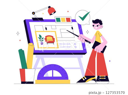 Interior Designer Vector Illustration Featuring a Professional Decorator Planning the Design of a Room, Choosing Wall Colors and Furniture Style 127353570