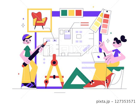 Interior Designer Vector Illustration Featuring a Professional Decorator Planning the Design of a Room, Choosing Wall Colors and Furniture Style 127353571