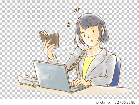 Illustration of a woman with a serious expression having a meeting on the phone 127353589