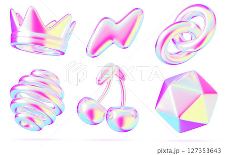 Y2K holographic 3d shape set. Iridescent crown, lightning, chain, spiral sphere, cherry, polygon with bright neon metal gradient of liquid chrome. Render abstract inflatable elements. 3D illustration 127353643