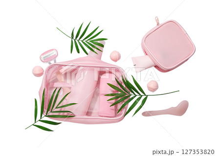 Pink bag with skincare items, isolated on white background 127353820