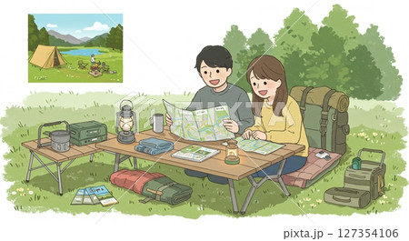 家族会議でワクワク！キャンプ計画を練る楽しいひととき 127354106