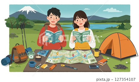 キャンプ計画はバッチリ！地図を広げて話し合う家族 127354107