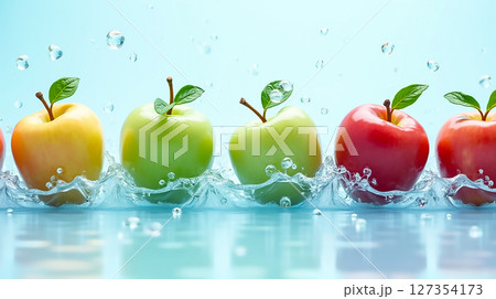 Fresh apples in water create a vibrant display of colors with splashes and reflections 127354173