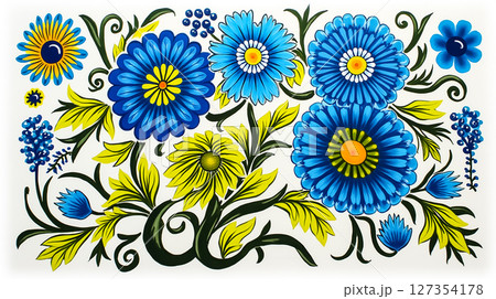 Floral patterns featuring vibrant blue and yellow flowers with intricate designs on a white background Floral patterns featuring vibrant blue and yellow flowers with intricate designs on a white background 127354178