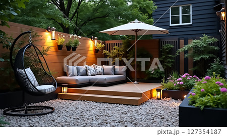 Cozy outdoor seating area with modern design, lush greenery, and soft lighting during a serene evening 127354187