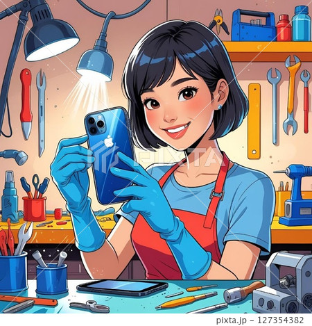 作業室で工具に囲まれてスマホ修理をする女性 127354382