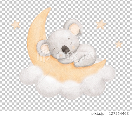 Watercolor cute koala sleeping on moon in cloud with stars, watercolor hand drawn illustration for kids, painted drawing with isolated background Watercolor cute koala sleeping on moon in cloud with stars, watercolor hand drawn illustration for kids, painted drawing with isolated background 127354468