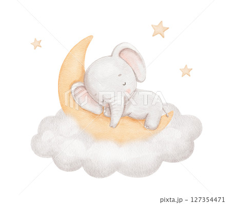 Watercolor cute elephant sleeping on moon in cloud with stars, watercolor hand drawn illustration for kids, painted drawing with isolated background Watercolor cute elephant sleeping on moon in cloud with stars, watercolor hand drawn illustration for kids, painted drawing with isolated background 127354471