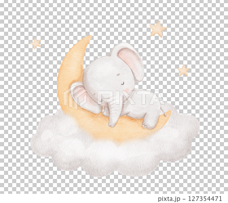 Watercolor cute elephant sleeping on moon in cloud with stars, watercolor hand drawn illustration for kids, painted drawing with isolated background Watercolor cute elephant sleeping on moon in cloud with stars, watercolor hand drawn illustration for kids, painted drawing with isolated background 127354471