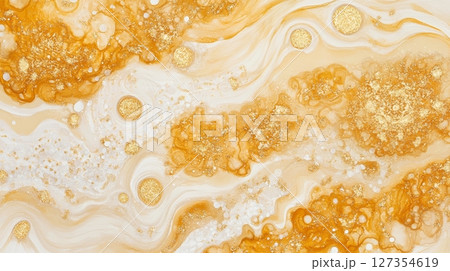 Elegant Golden Abstract Fluid Art Painting Texture Background High Waves Beige Cream White Shine 127354619