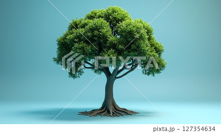 Lush green tree with dense foliage and strong roots on a serene blue background 127354634