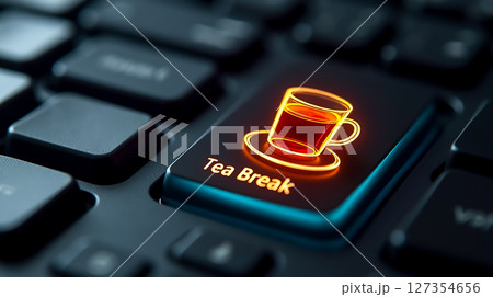 Creative keyboard design with illuminated tea break button and vibrant cup graphic showcasing work-life balance Creative keyboard design with illuminated tea break button and vibrant cup graphic showcasing work-life balance 127354656