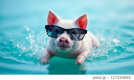 Pig in sunglasses enjoying a swim in a pool on a sunny day 127354669
