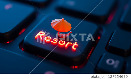 Miniature beach umbrella on a keyboard key labeled resort, symbolizing travel and vacation planning online 127354689