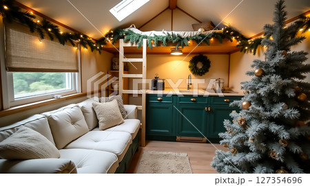 Cozy holiday cabin interior with a Christmas tree, warm lighting, and festive decorations Cozy holiday cabin interior with a Christmas tree, warm lighting, and festive decorations 127354696