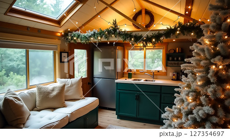Cozy interior of a small cabin decorated for winter with soft lighting and a white Christmas tree Cozy interior of a small cabin decorated for winter with soft lighting and a white Christmas tree 127354697