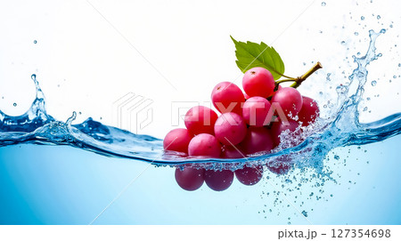 Fresh red grapes splash into clear water creating dynamic ripples and bubbles Fresh red grapes splash into clear water creating dynamic ripples and bubbles 127354698
