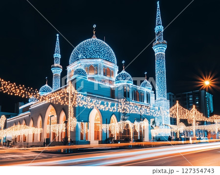Night Festive Illuminated Mosque Building City Lights Festive Decor Dome Blue Gold Warm Hope Islam 127354743