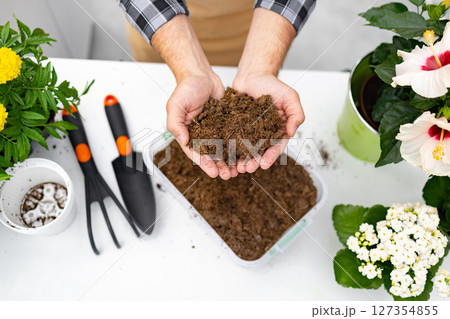 A person holding soil, with gardening tools and plants visible, ready for planting. 127354855