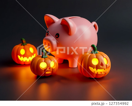 A playful pink piggy bank surrounded by glowing jack-o'-lanterns in a dark setting, perfect for Halloween festivities A playful pink piggy bank surrounded by glowing jack-o'-lanterns in a dark setting, perfect for Halloween festivities 127354992