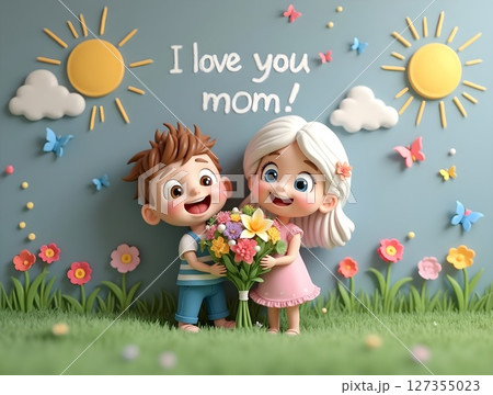 Children express love for mom with flowers and bright decorations in a playful spring setting Children express love for mom with flowers and bright decorations in a playful spring setting 127355023