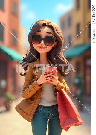 Woman enjoying a sunny day shopping in a vibrant market while using her smartphone Woman enjoying a sunny day shopping in a vibrant market while using her smartphone 127355024