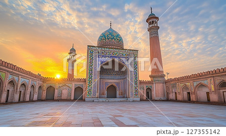 Beautiful Sunrise at Wazir Khan Mosque Lahore Pakistan Architecture Sky Red Asia Asia Hour Blue Pink 127355142