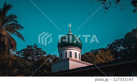 Stunning Teal Mosque Dome Under Vibrant Blue Sky Tropical Trees Sun Day Hope View Palm Leaf Green 127355147