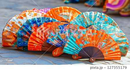Colorful Hand Fans Collection Asian Floral Design Summer Fashion Accessories Tropical art blue silk 127355179