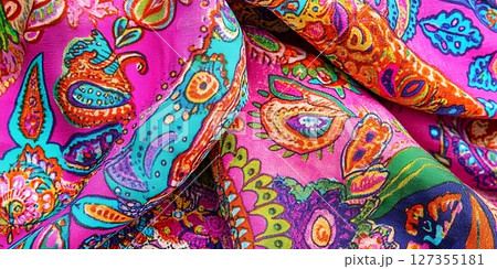 Vibrant Pink Paisley Pattern Textile Fabric Design Background Art Silk Bold Print Retro Style Drape 127355181
